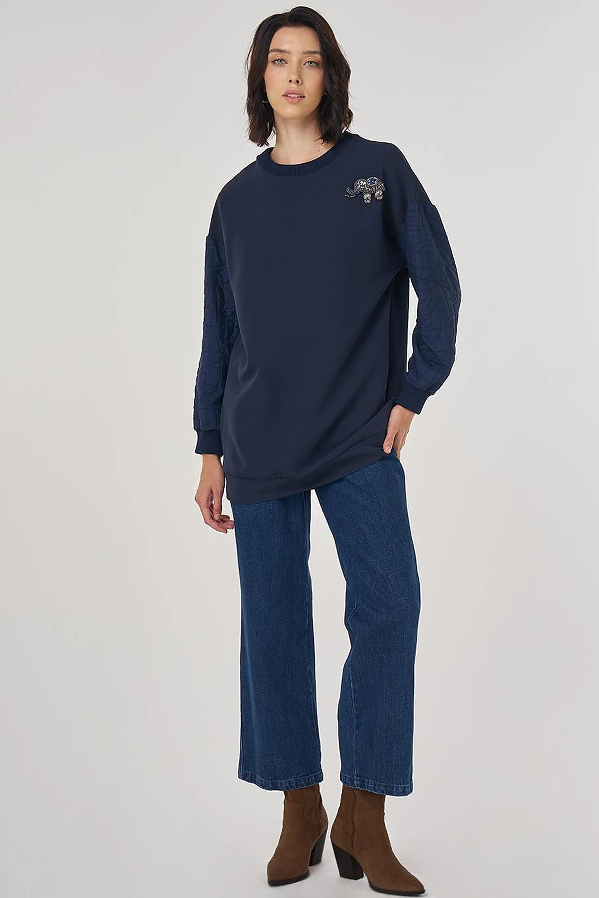 Kumaş Garnili Sweatshirt Koyu Lacivert