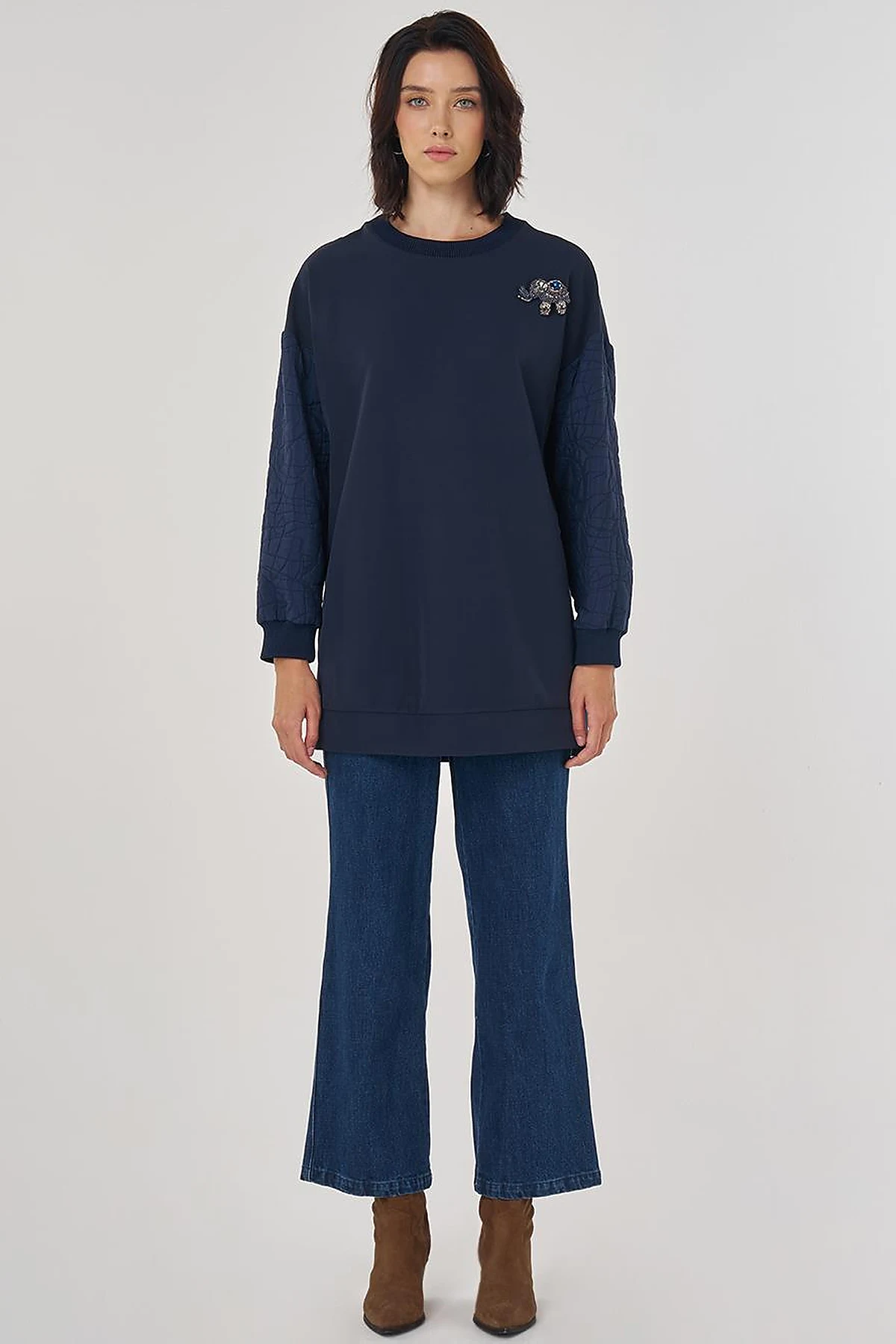 Kumaş Garnili Sweatshirt Koyu Lacivert