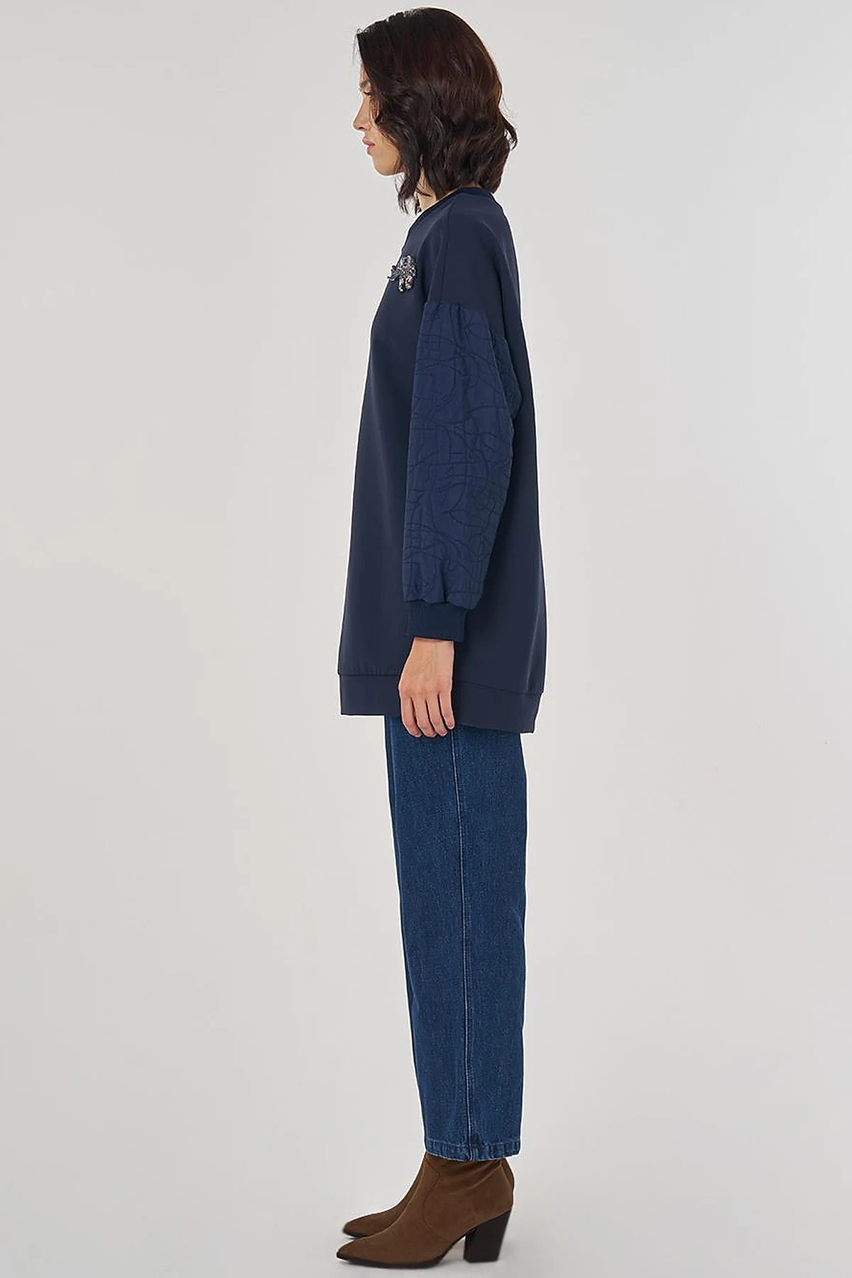 Kumaş Garnili Sweatshirt Koyu Lacivert