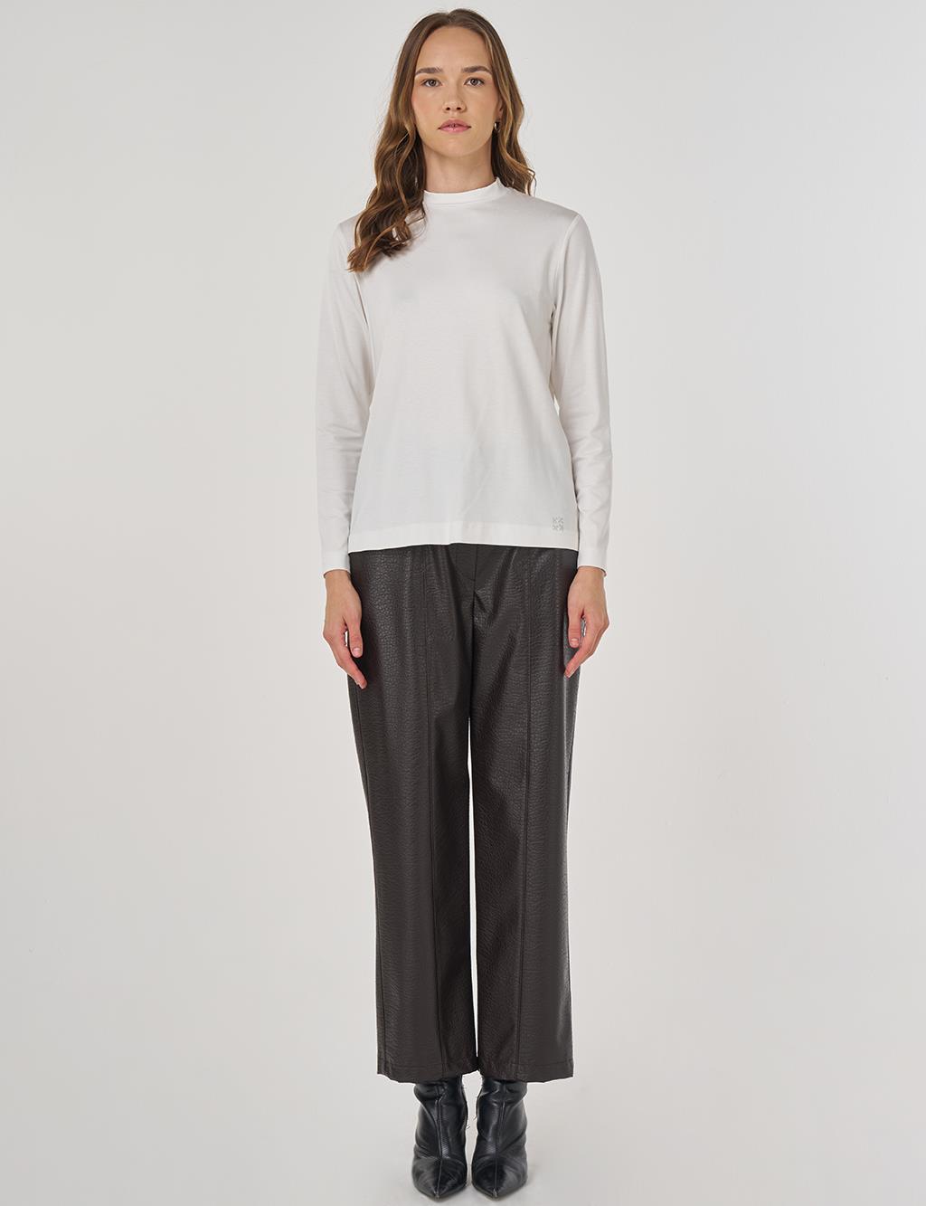 Crew Neck Basic Viscose Blouse Ecru