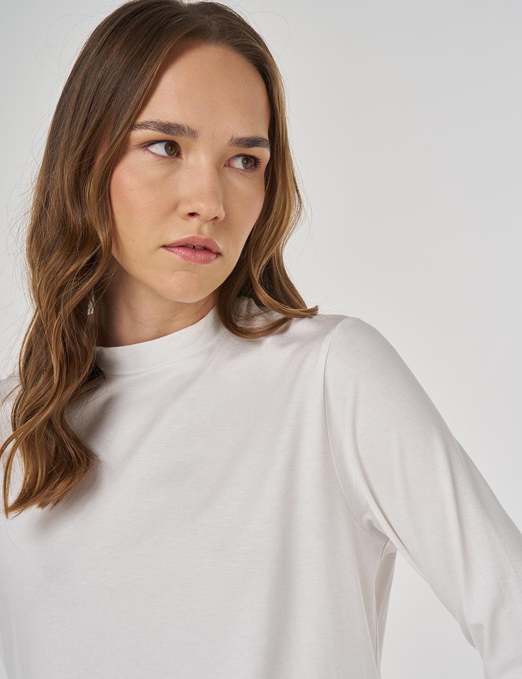 Crew Neck Basic Viscose Blouse Ecru