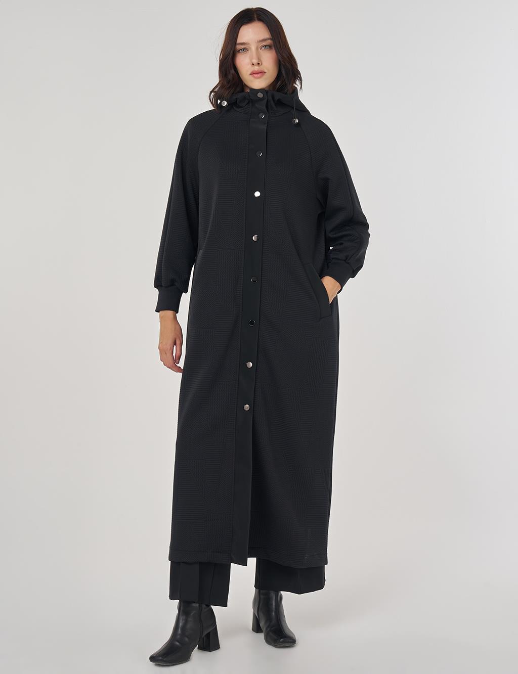 Raglan Sleeve Patterned Overcoat Black
