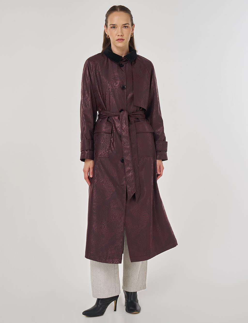 Kadife Yakalı Uzun Trençkot Koyu Bordo 