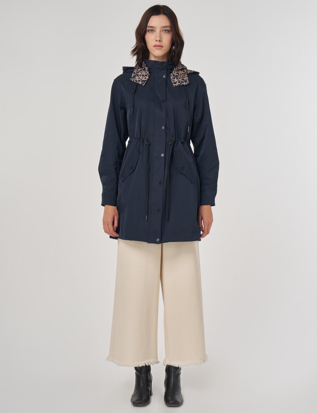 Bel Büzgülü Trençkot Lacivert 