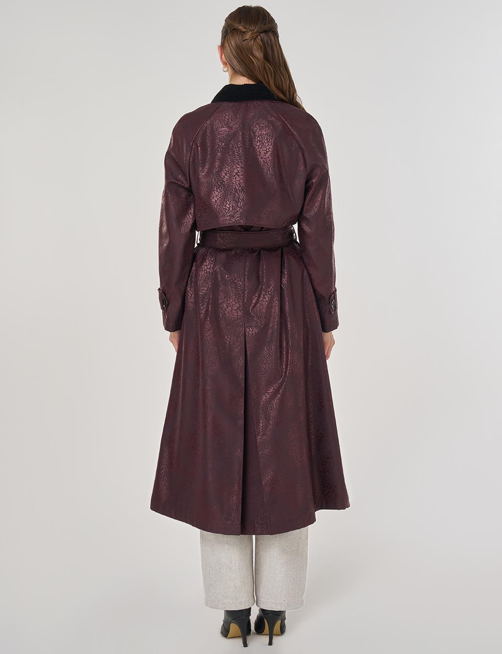Kadife Yakalı Uzun Trençkot Koyu Bordo 