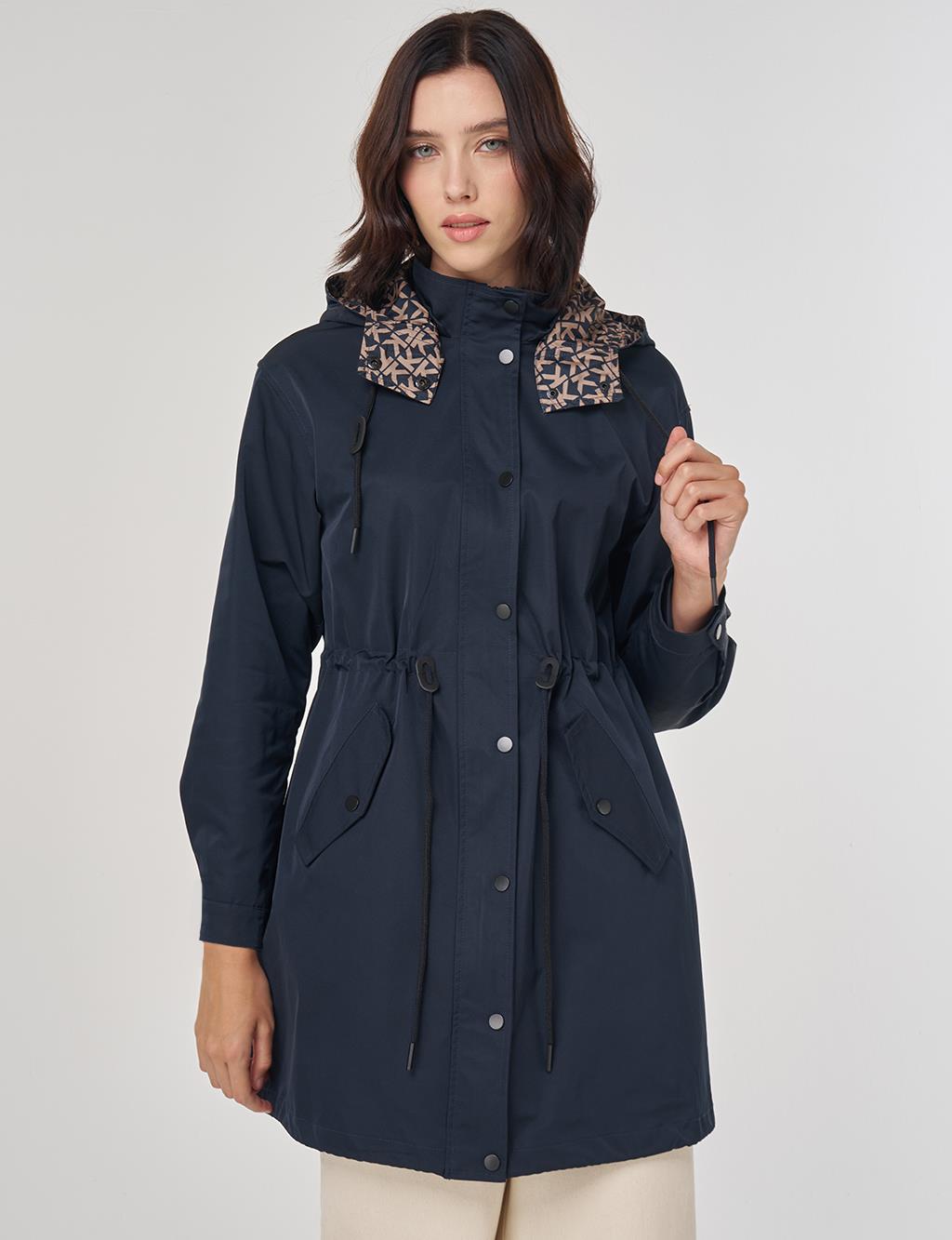 Bel Büzgülü Trençkot Lacivert 