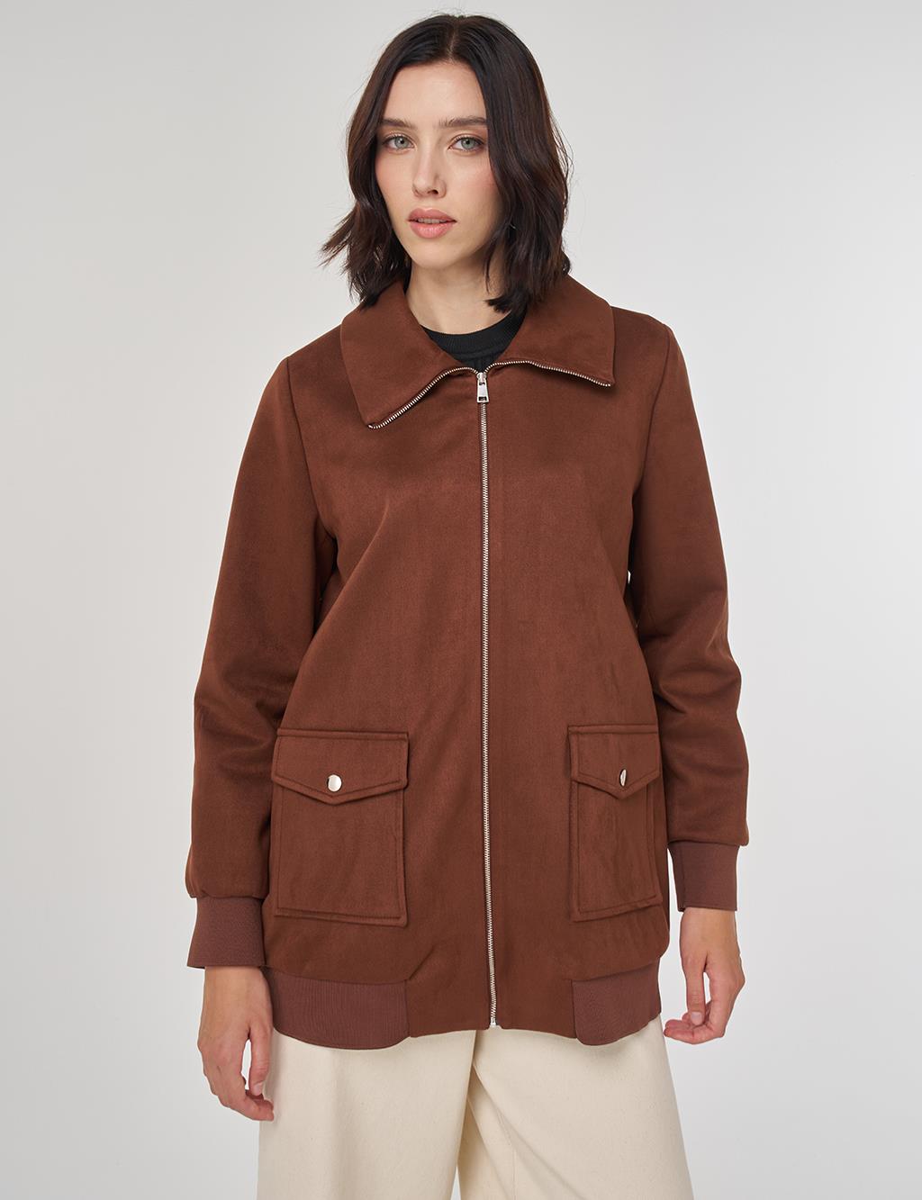 Zippered Suede Jacket Camel