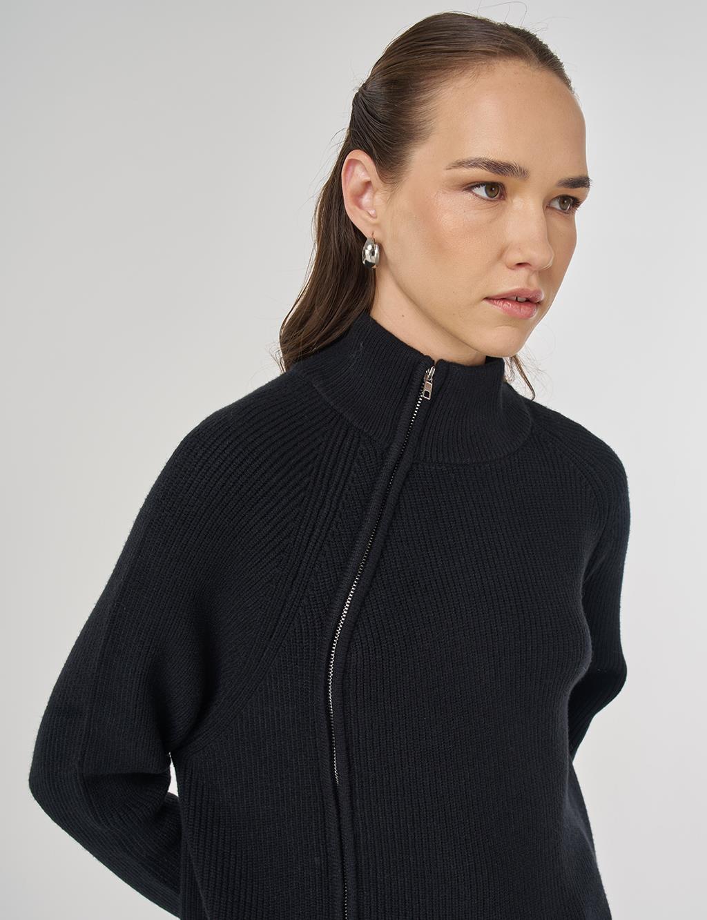 Zipper Detailed Viscose Knit Tunic Black