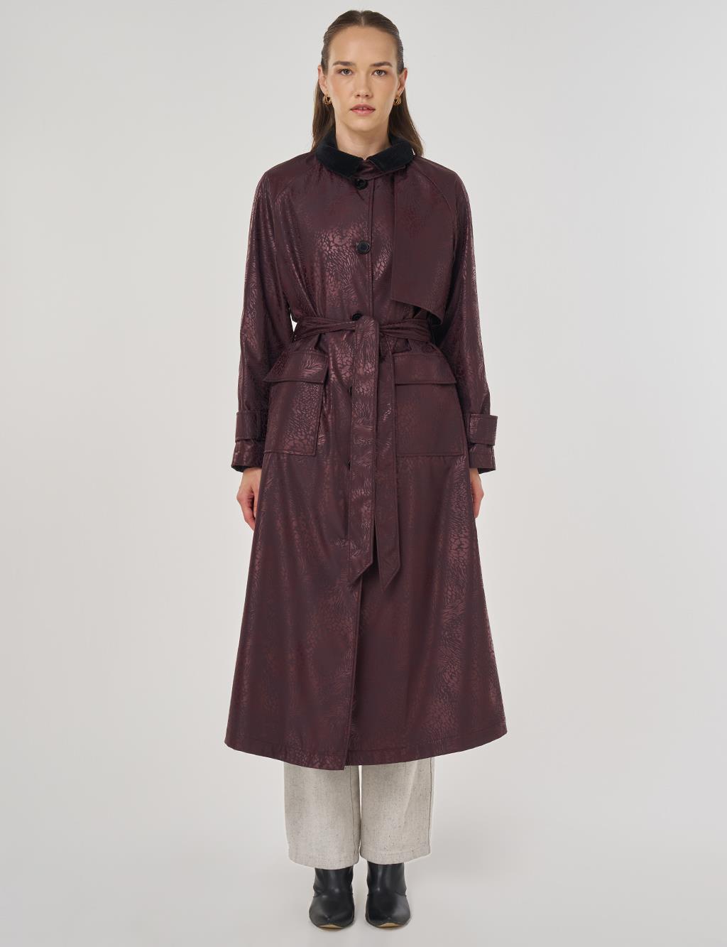 Kadife Yakalı Uzun Trençkot Koyu Bordo 