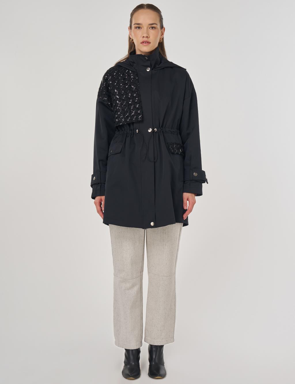 Sequin Detailed Short Trench Coat Black