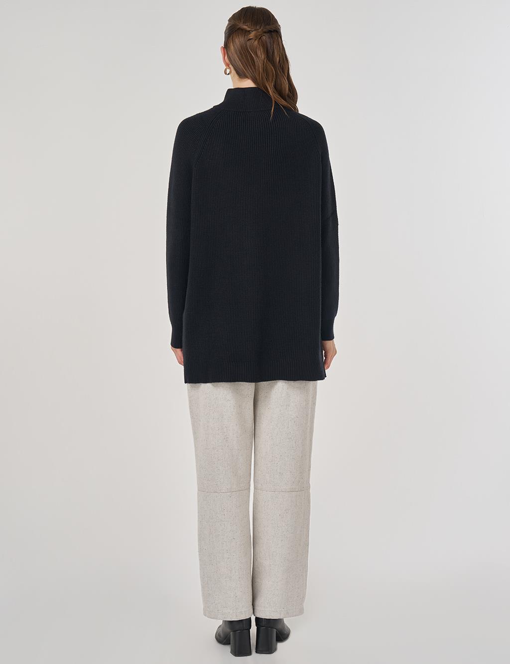 Zipper Detailed Viscose Knit Tunic Black