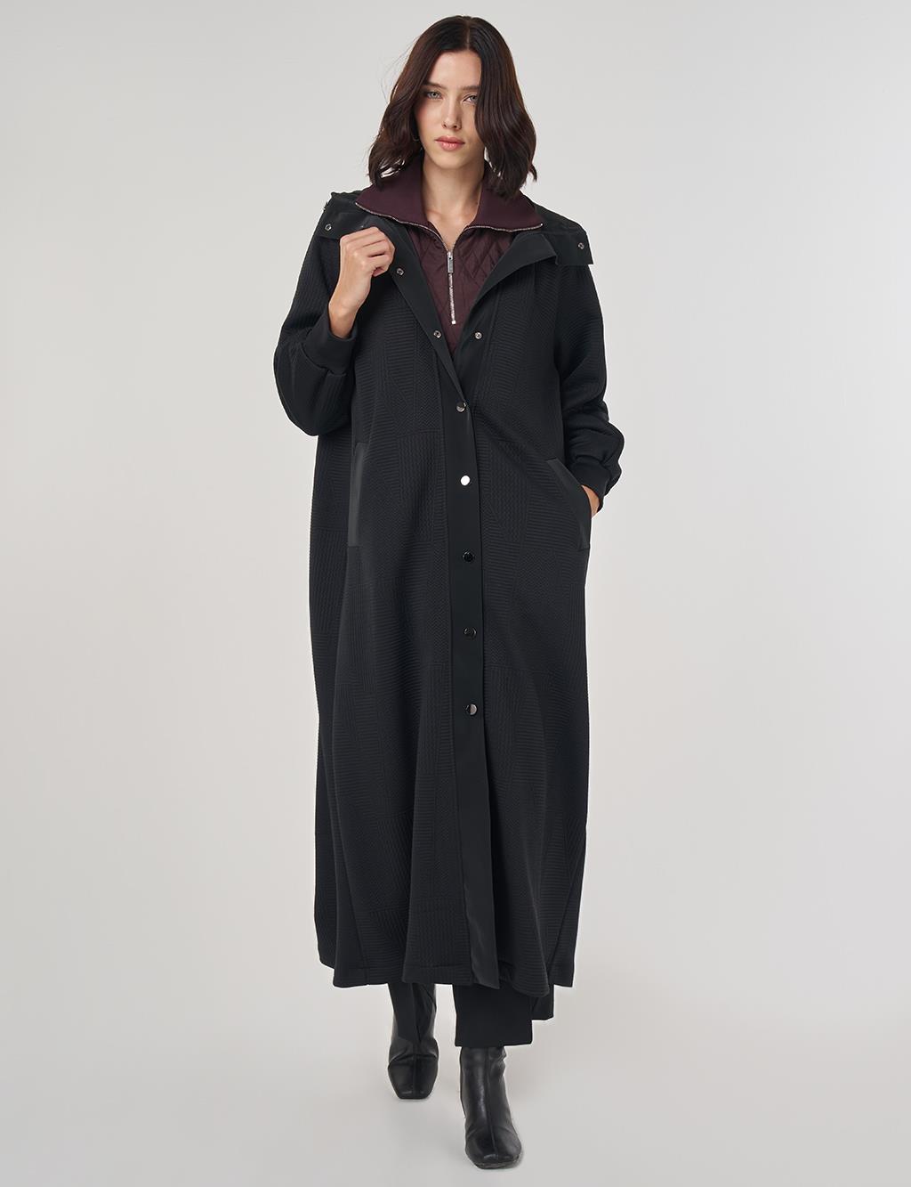 Raglan Sleeve Patterned Overcoat Black