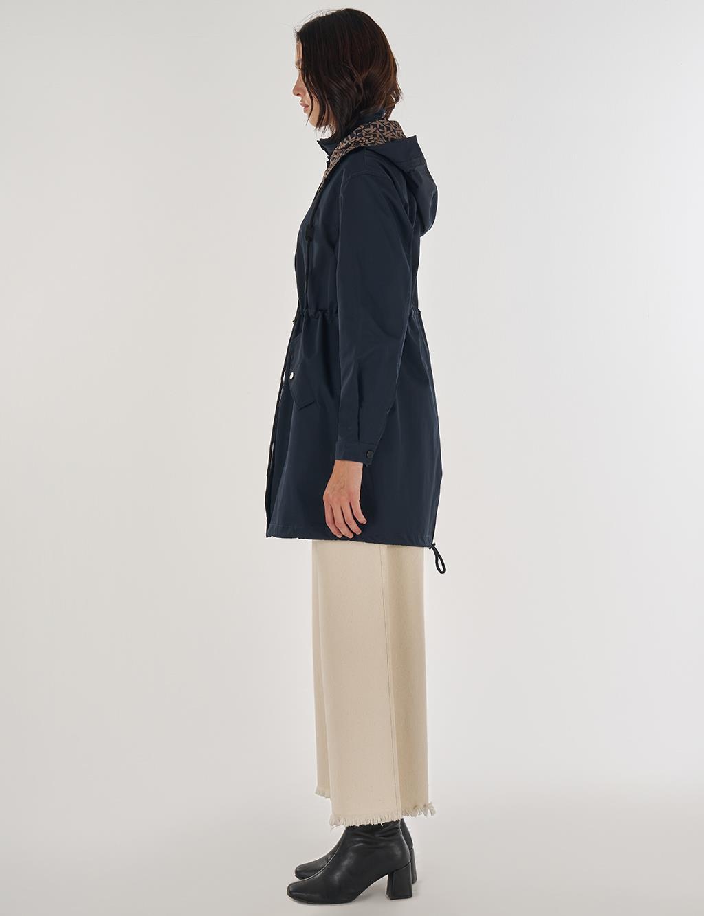 Bel Büzgülü Trençkot Lacivert 