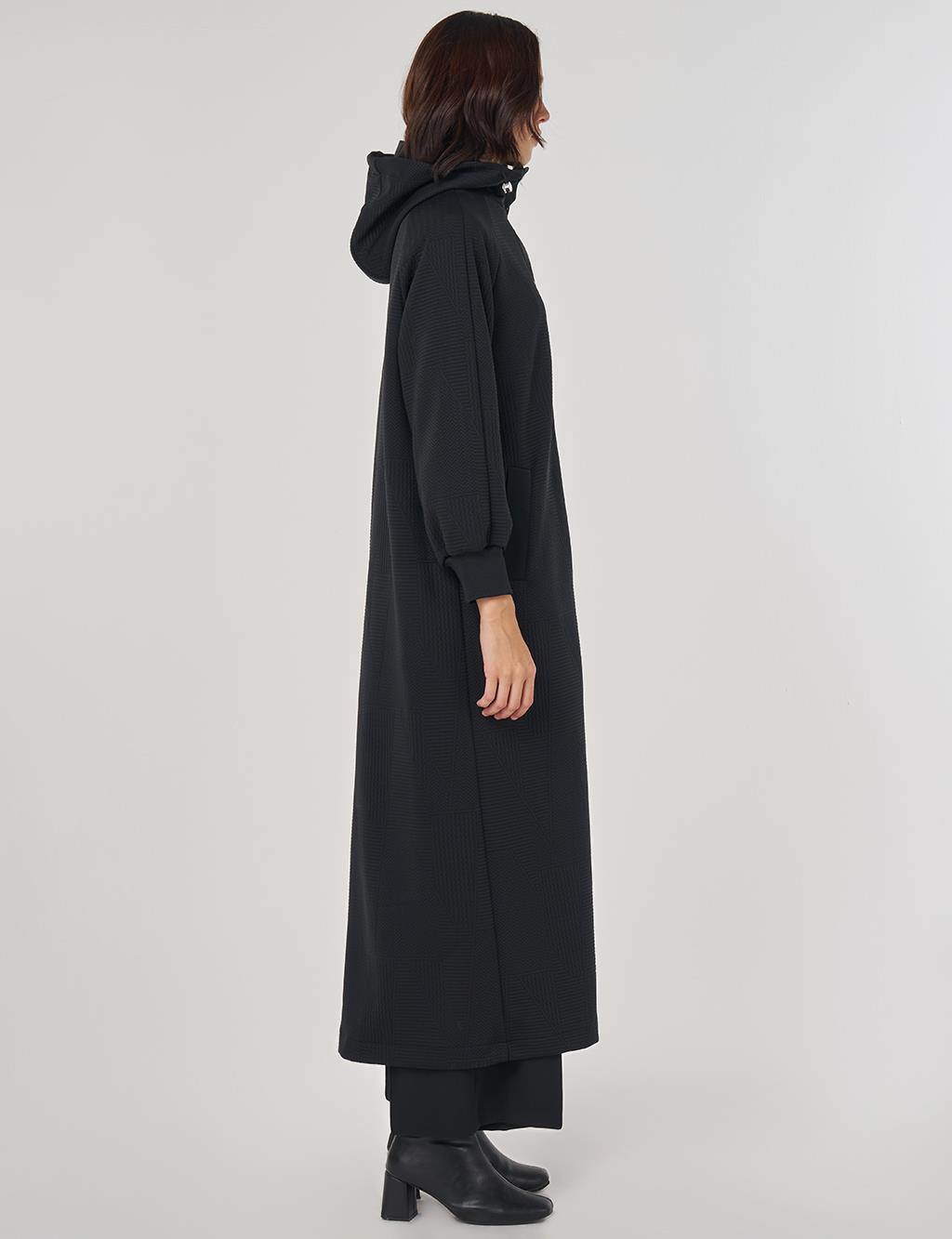 Raglan Sleeve Patterned Overcoat Black