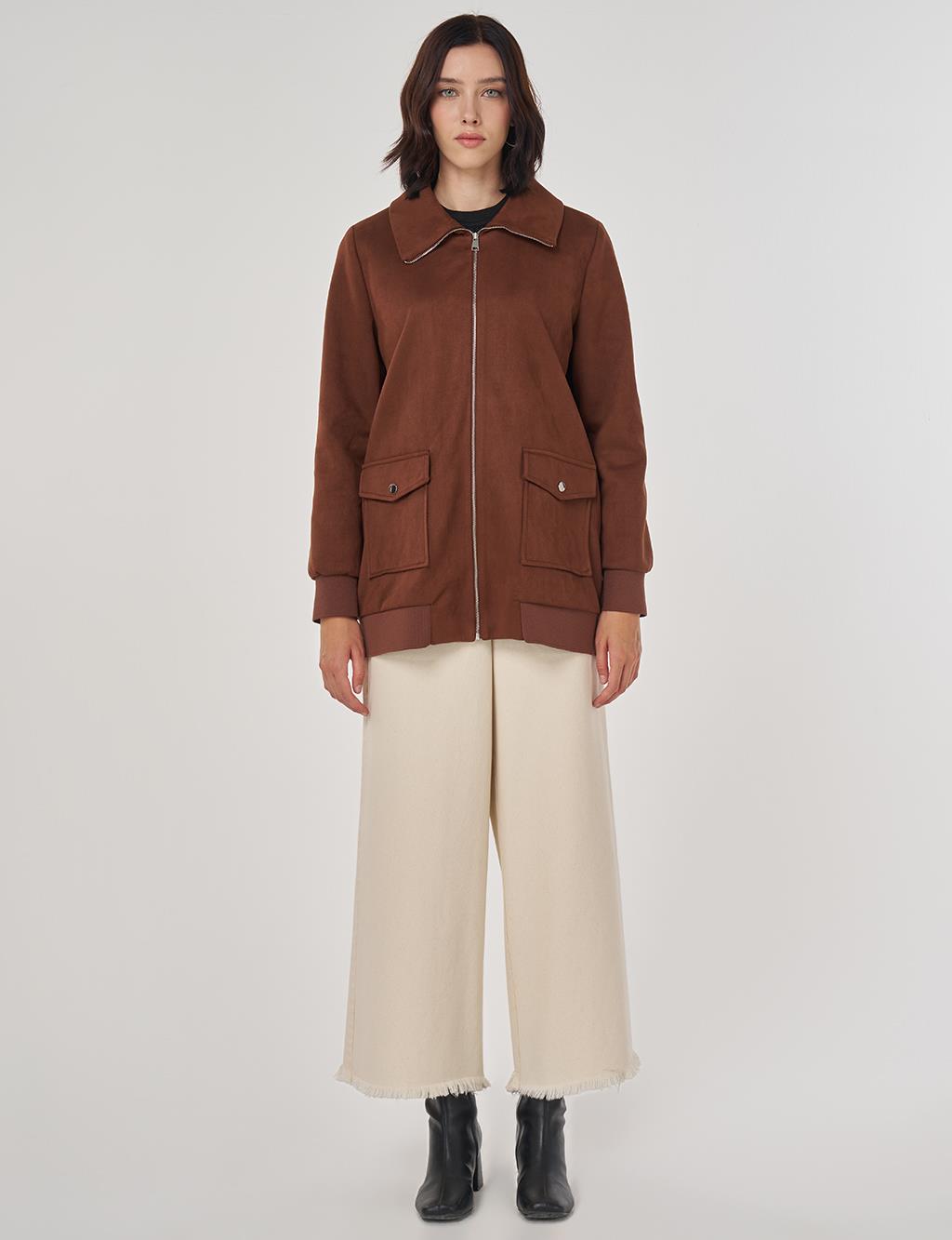 Zippered Suede Jacket Camel