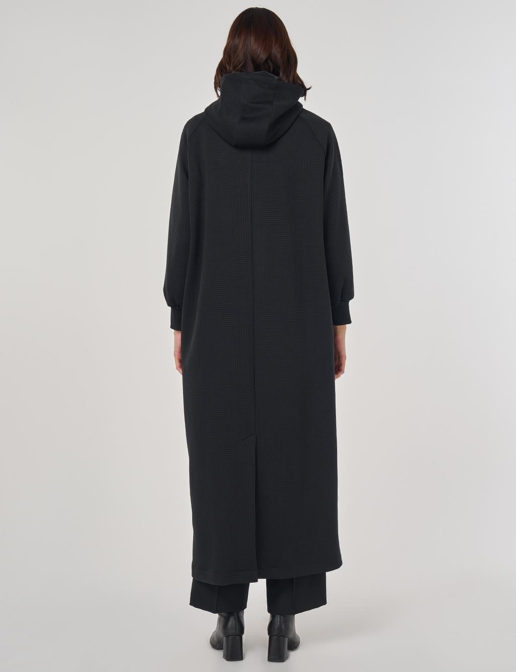 Raglan Sleeve Patterned Overcoat Black