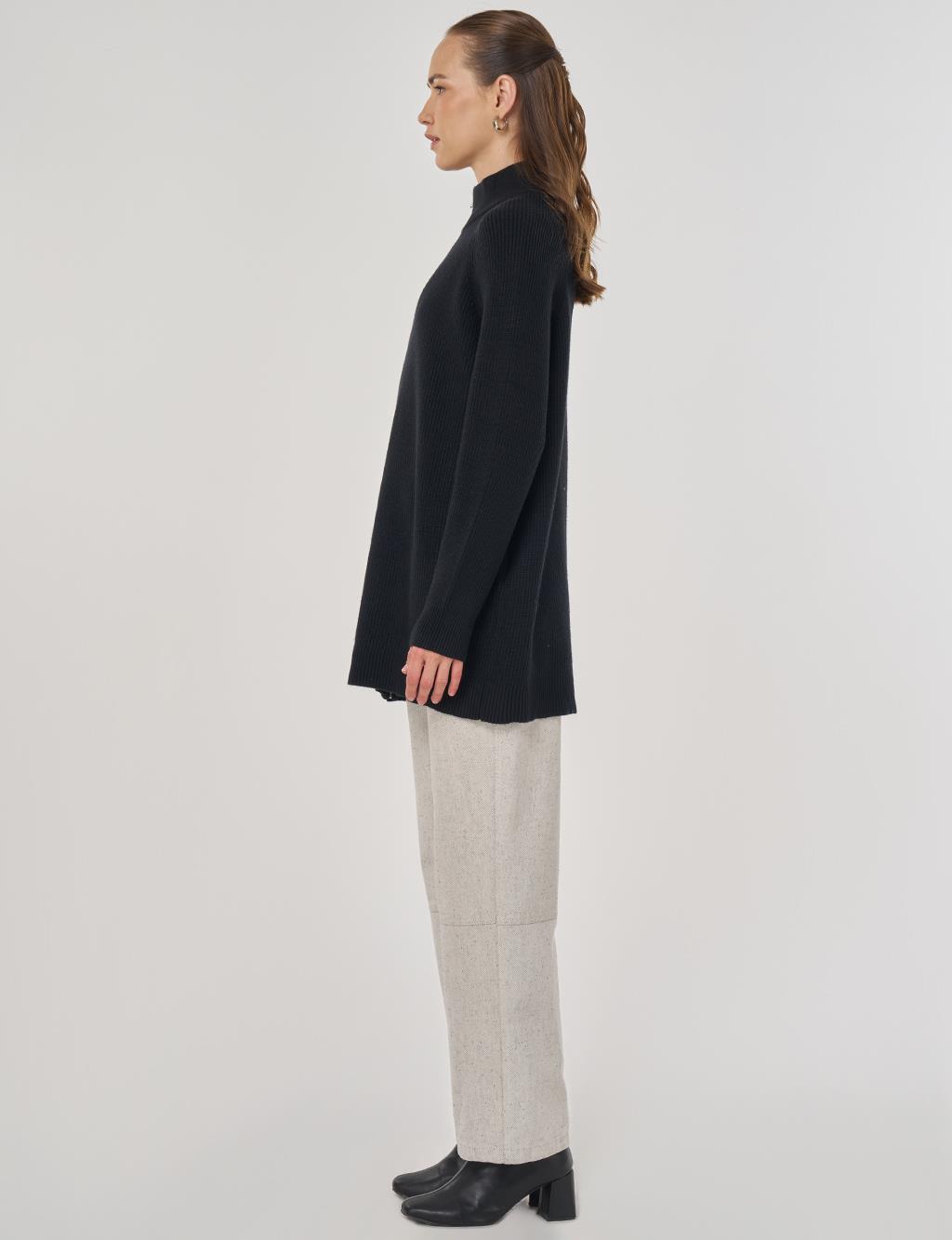 Zipper Detailed Viscose Knit Tunic Black