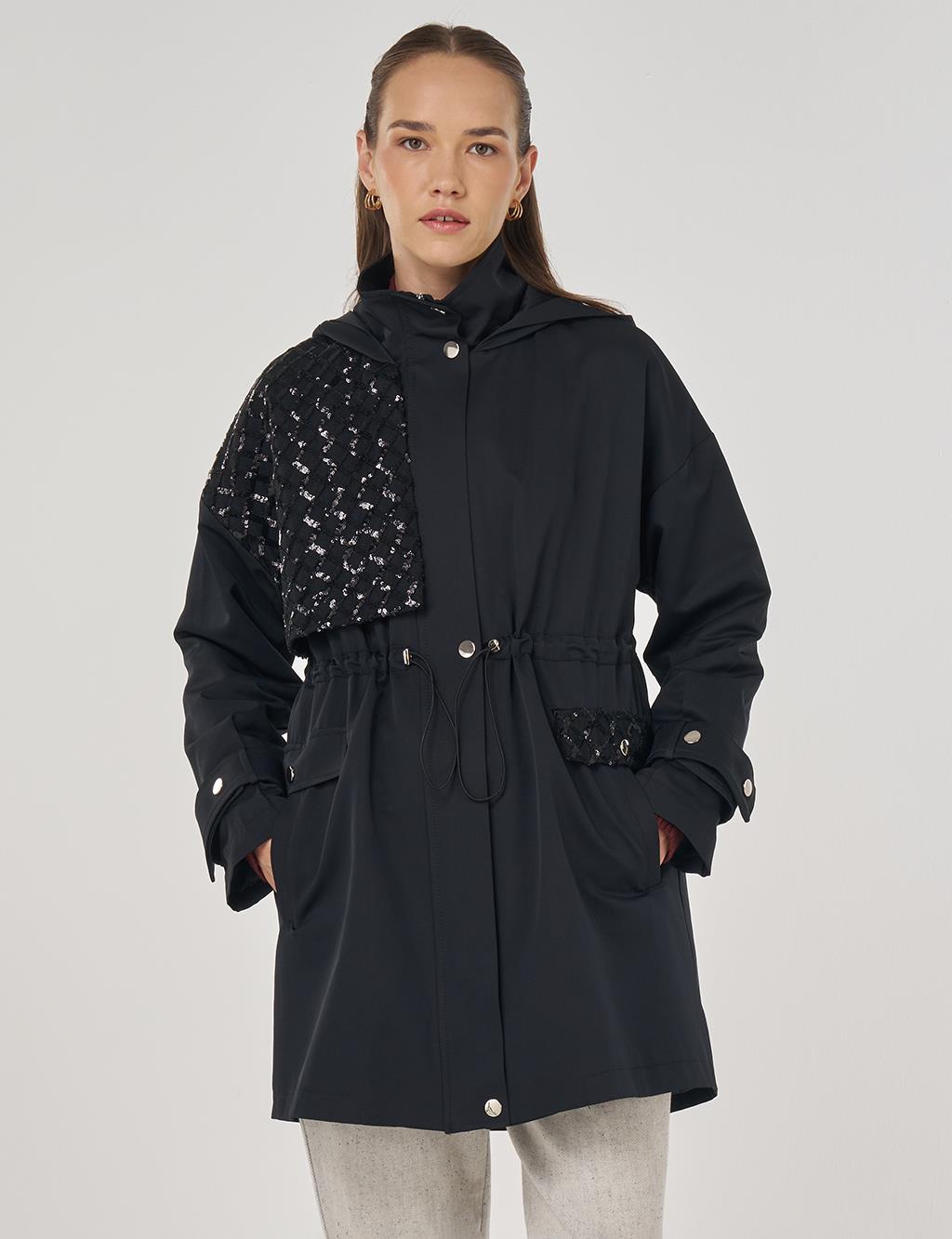 Sequin Detailed Short Trench Coat Black
