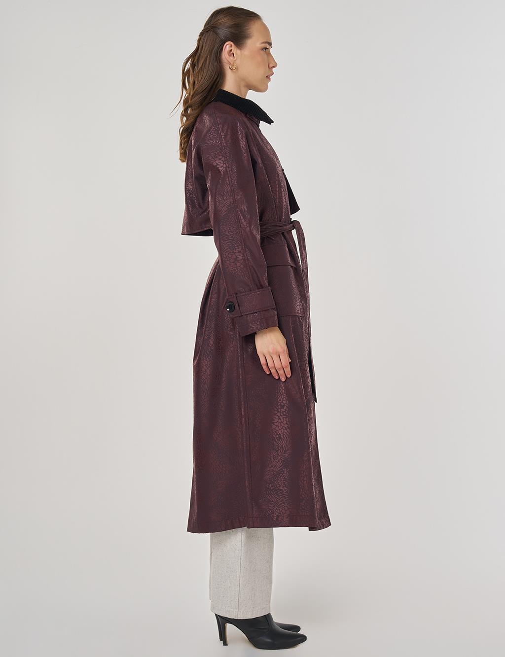 Kadife Yakalı Uzun Trençkot Koyu Bordo 