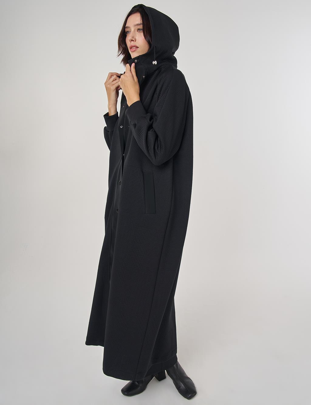 Raglan Sleeve Patterned Overcoat Black