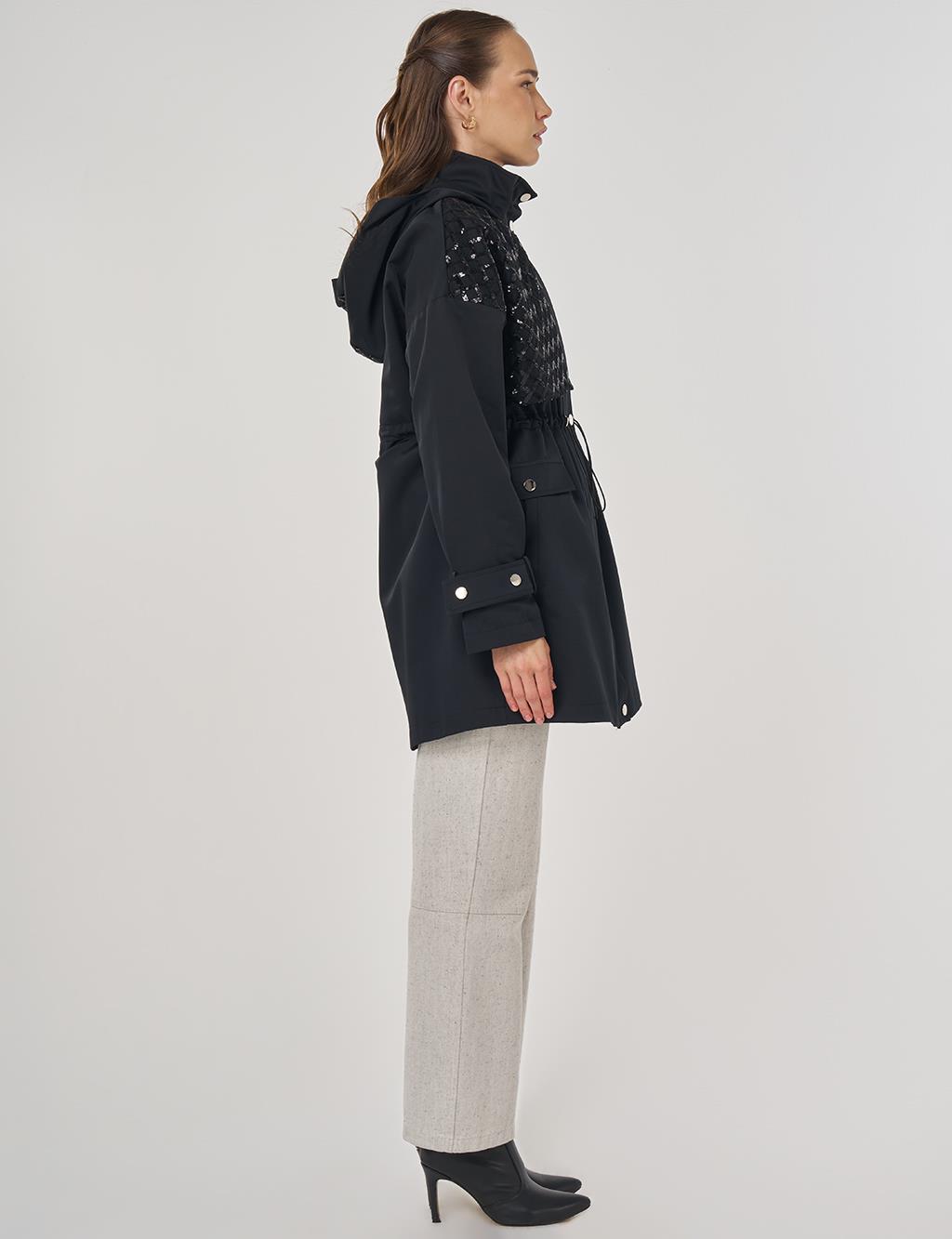 Sequin Detailed Short Trench Coat Black