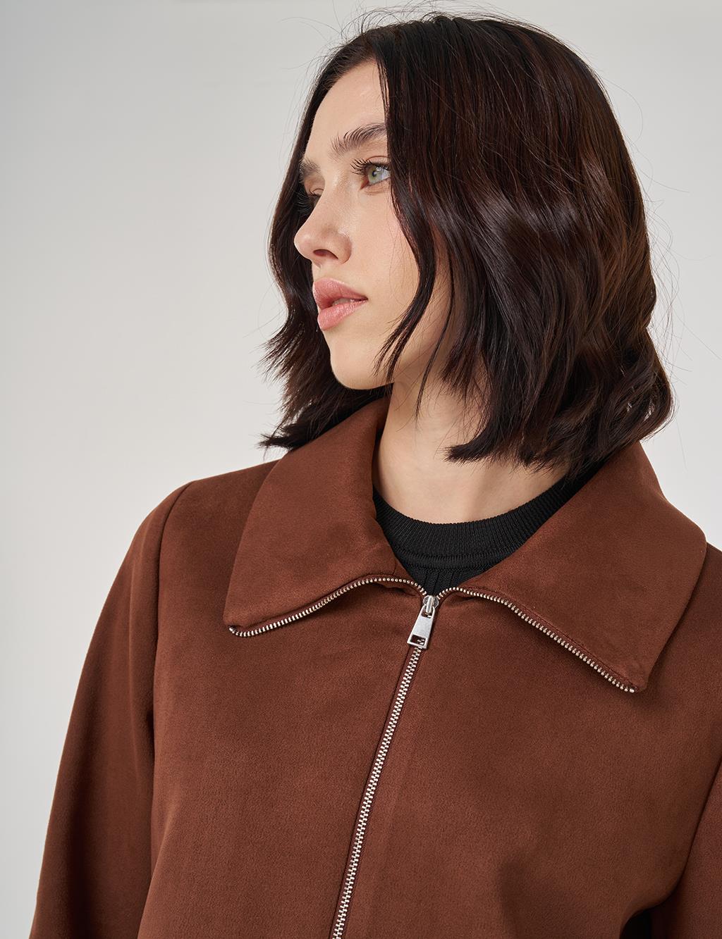 Zippered Suede Jacket Camel