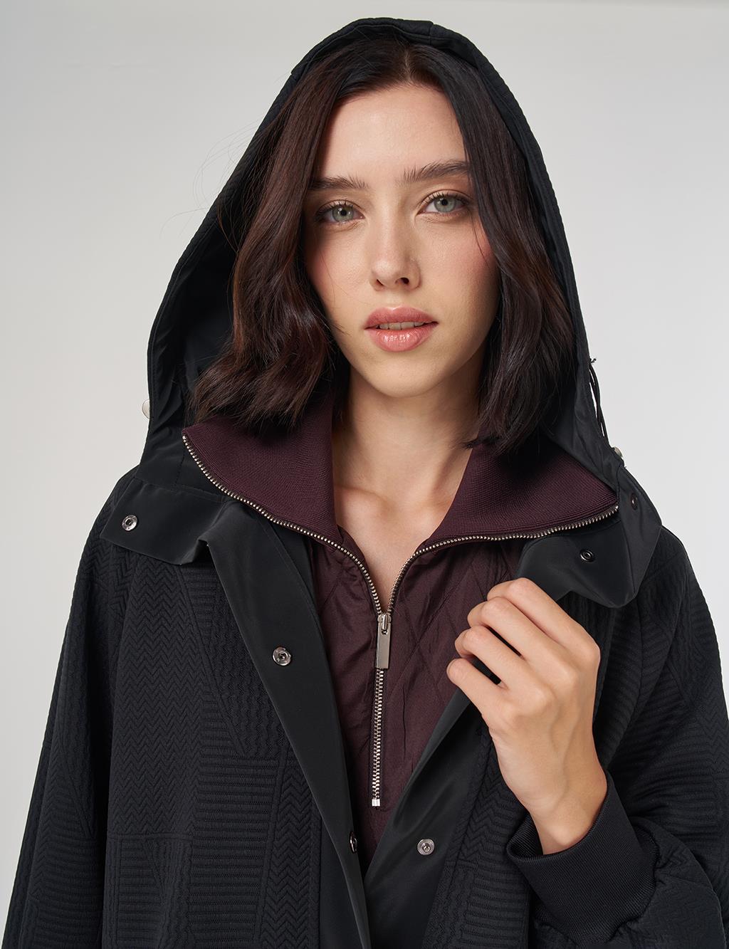 Raglan Sleeve Patterned Overcoat Black