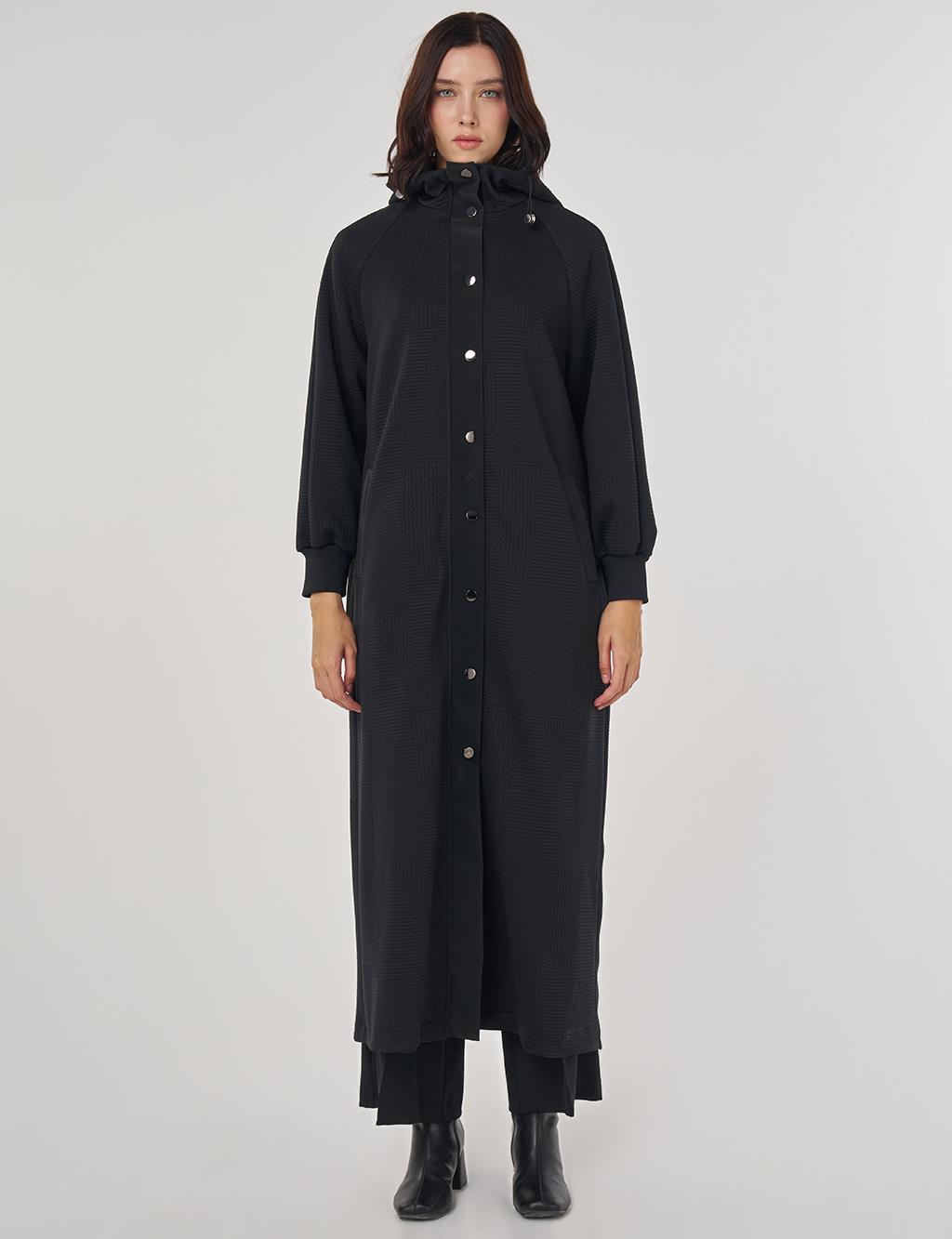 Raglan Sleeve Patterned Overcoat Black