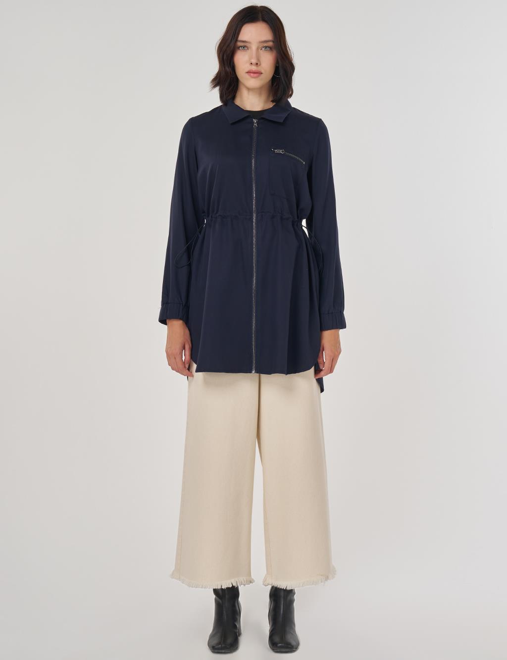 100% Lyocell Drawstring Waist Tunic Navy