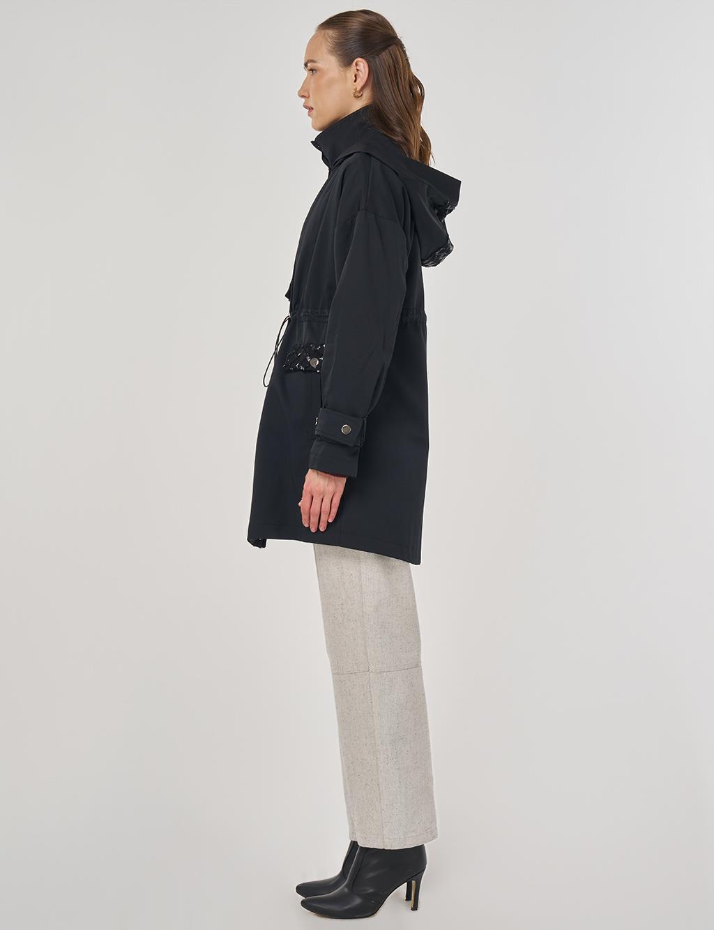 Sequin Detailed Short Trench Coat Black