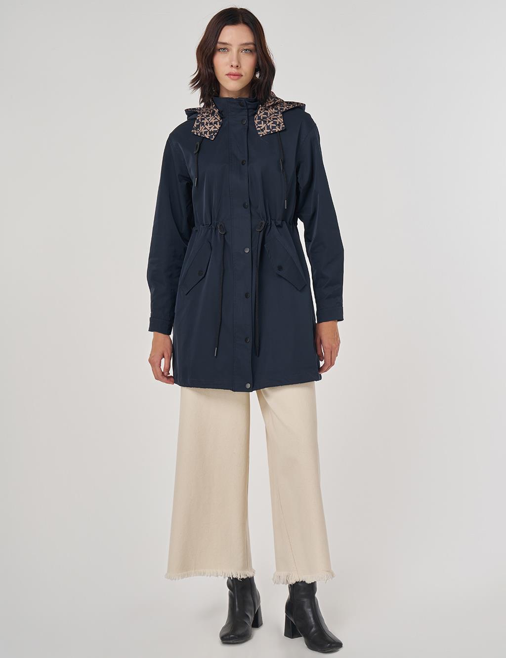 Bel Büzgülü Trençkot Lacivert 
