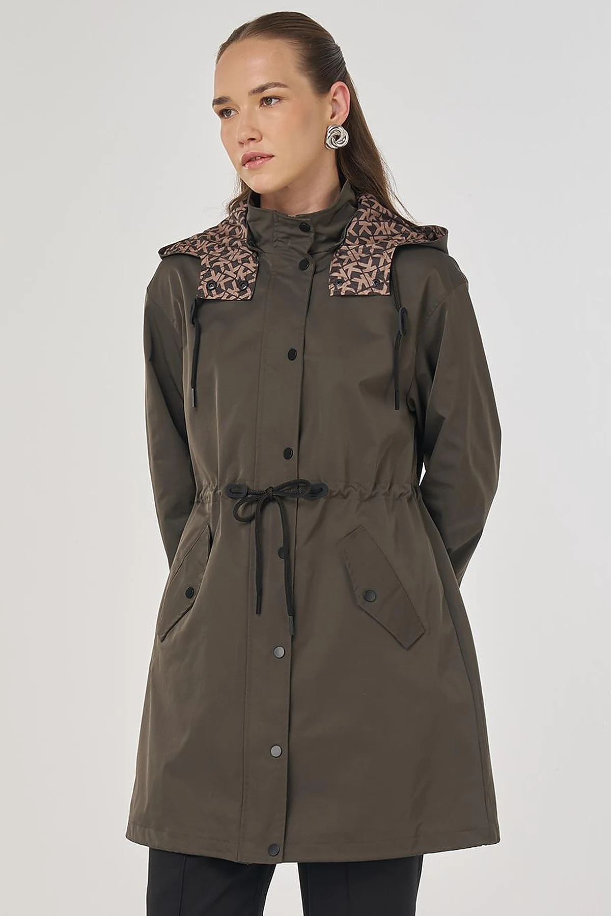 Drawstring Waist Trench Coat Khaki