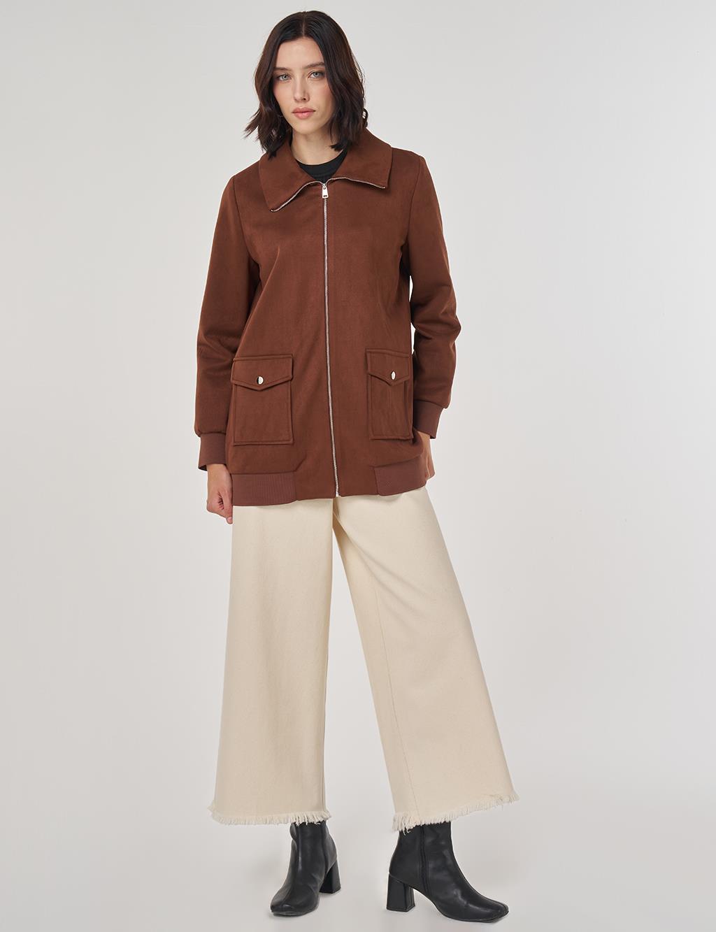 Zippered Suede Jacket Camel