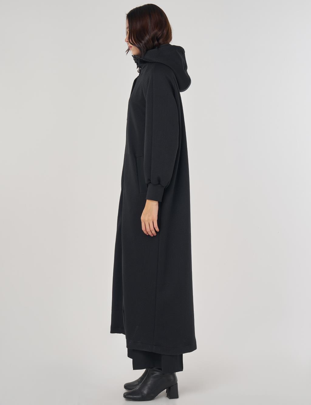 Raglan Sleeve Patterned Overcoat Black