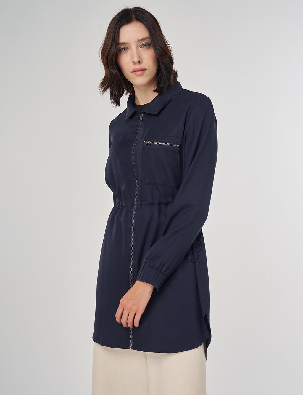 100% Lyocell Drawstring Waist Tunic Navy