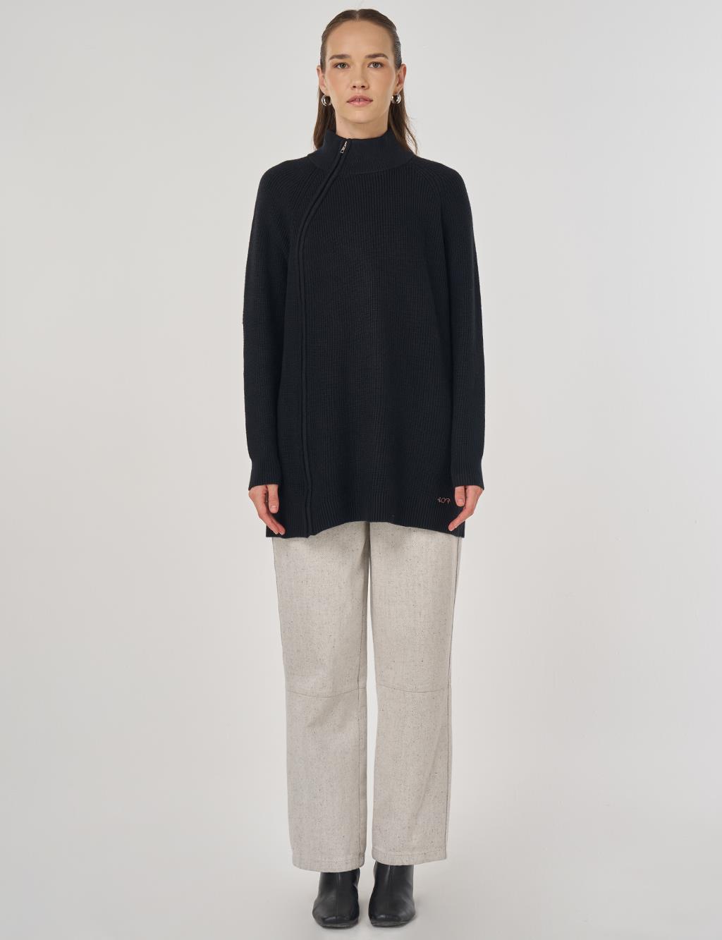 Zipper Detailed Viscose Knit Tunic Black