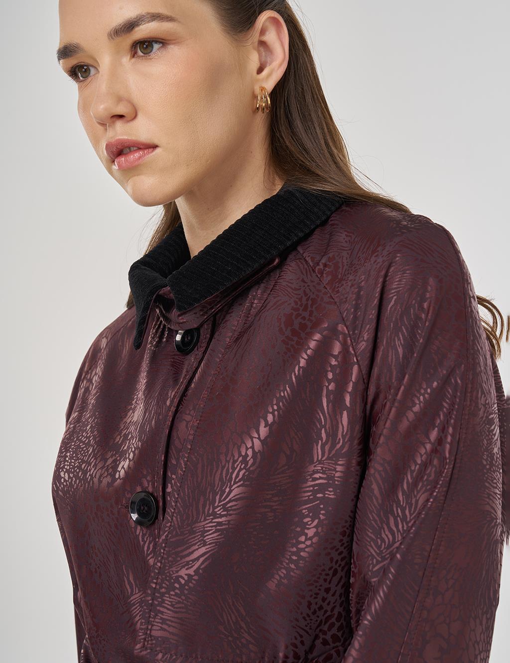 Kadife Yakalı Uzun Trençkot Koyu Bordo 