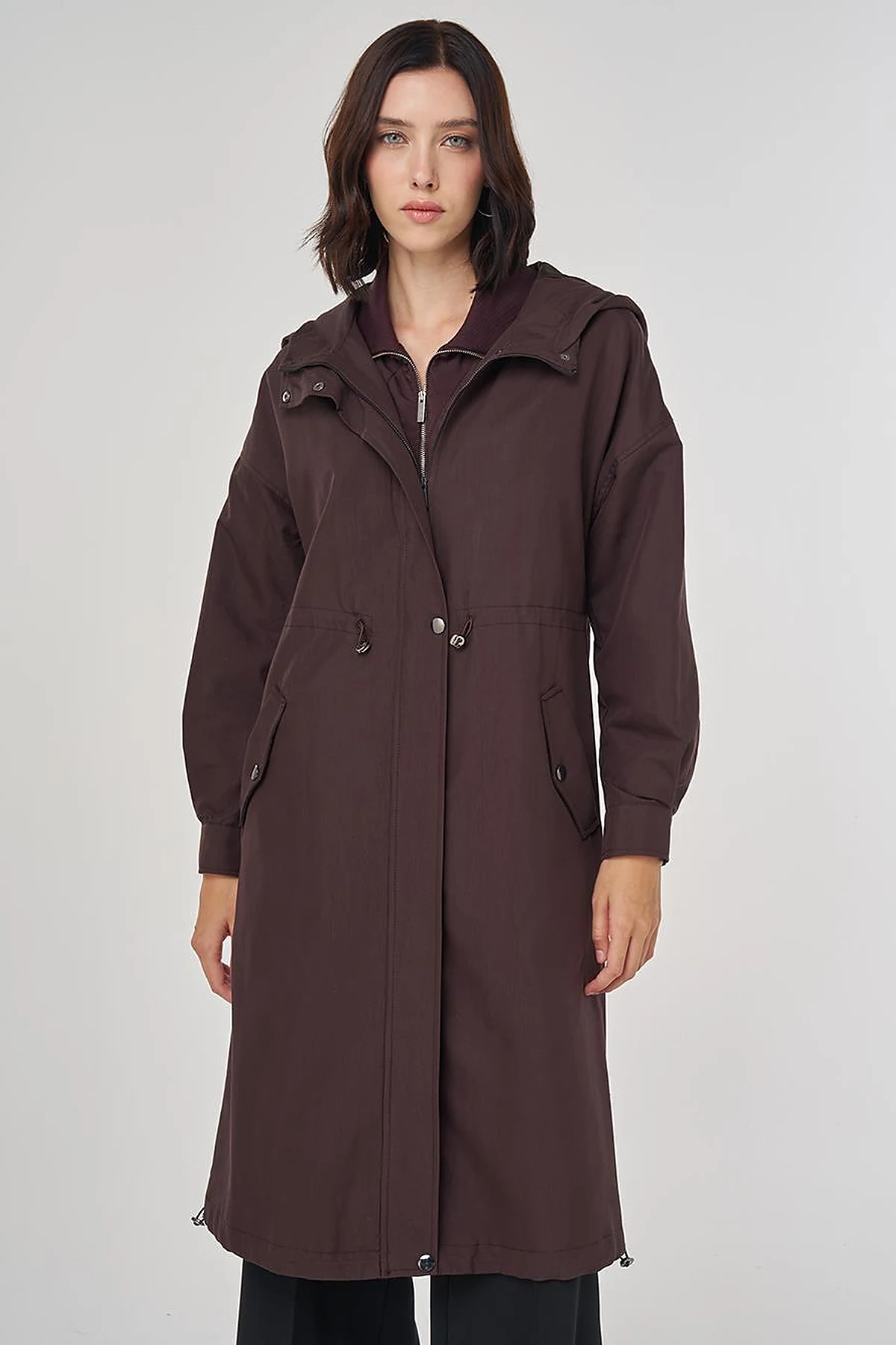 Drop Shoulder Trench Coat Dark Brown