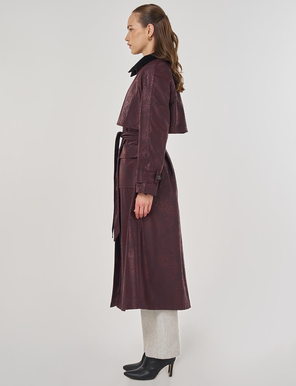 Kadife Yakalı Uzun Trençkot Koyu Bordo 