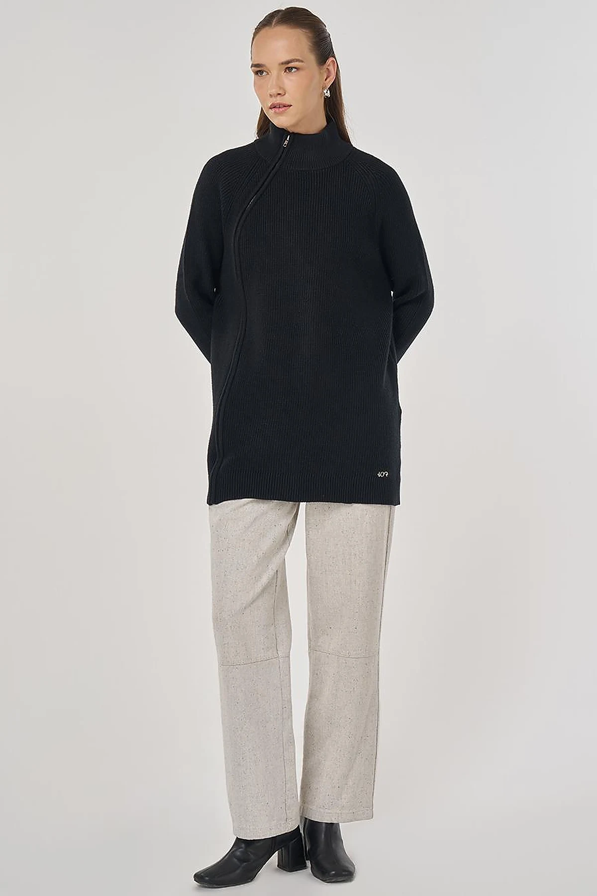 Zipper Detailed Viscose Knit Tunic Black