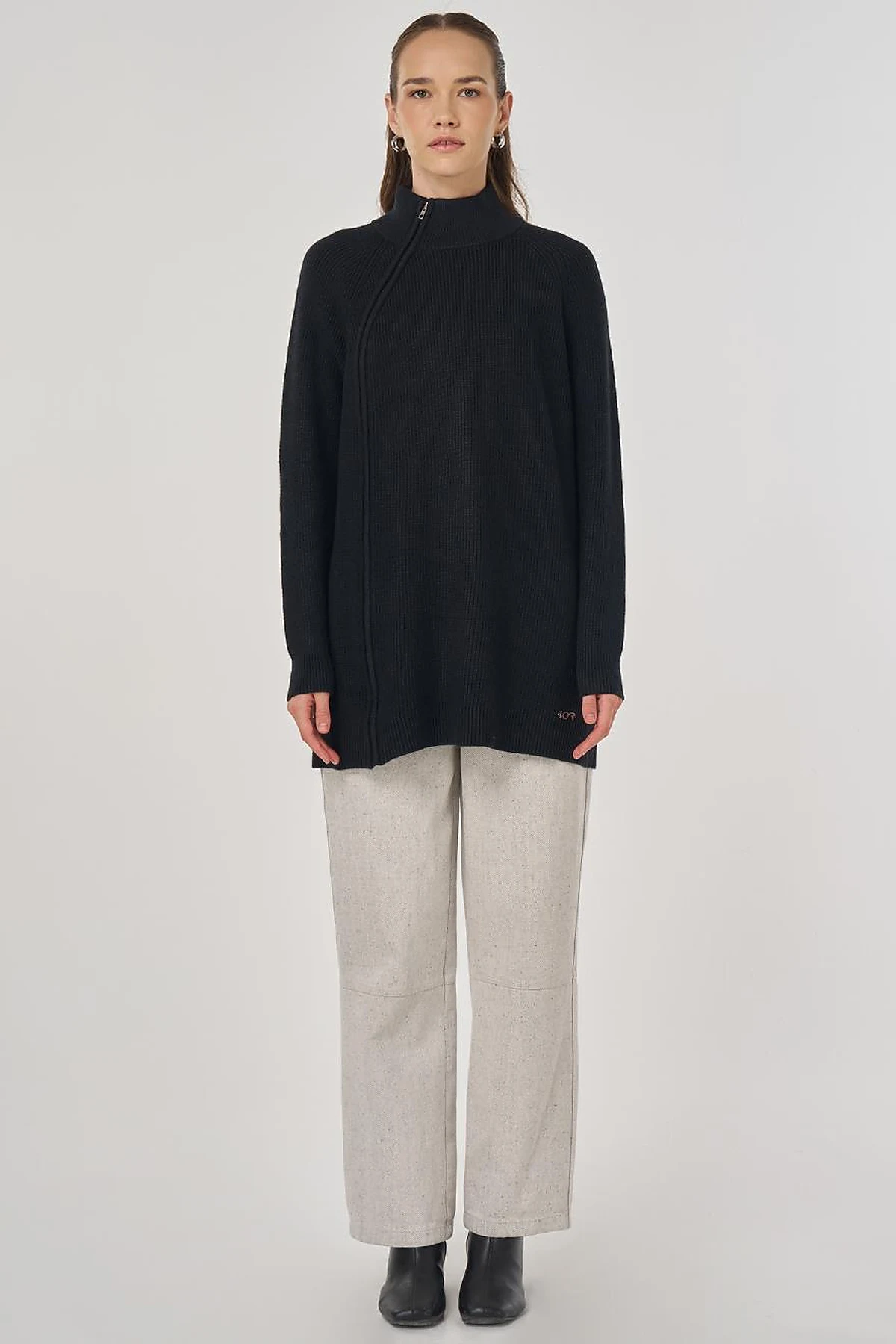 Zipper Detailed Viscose Knit Tunic Black