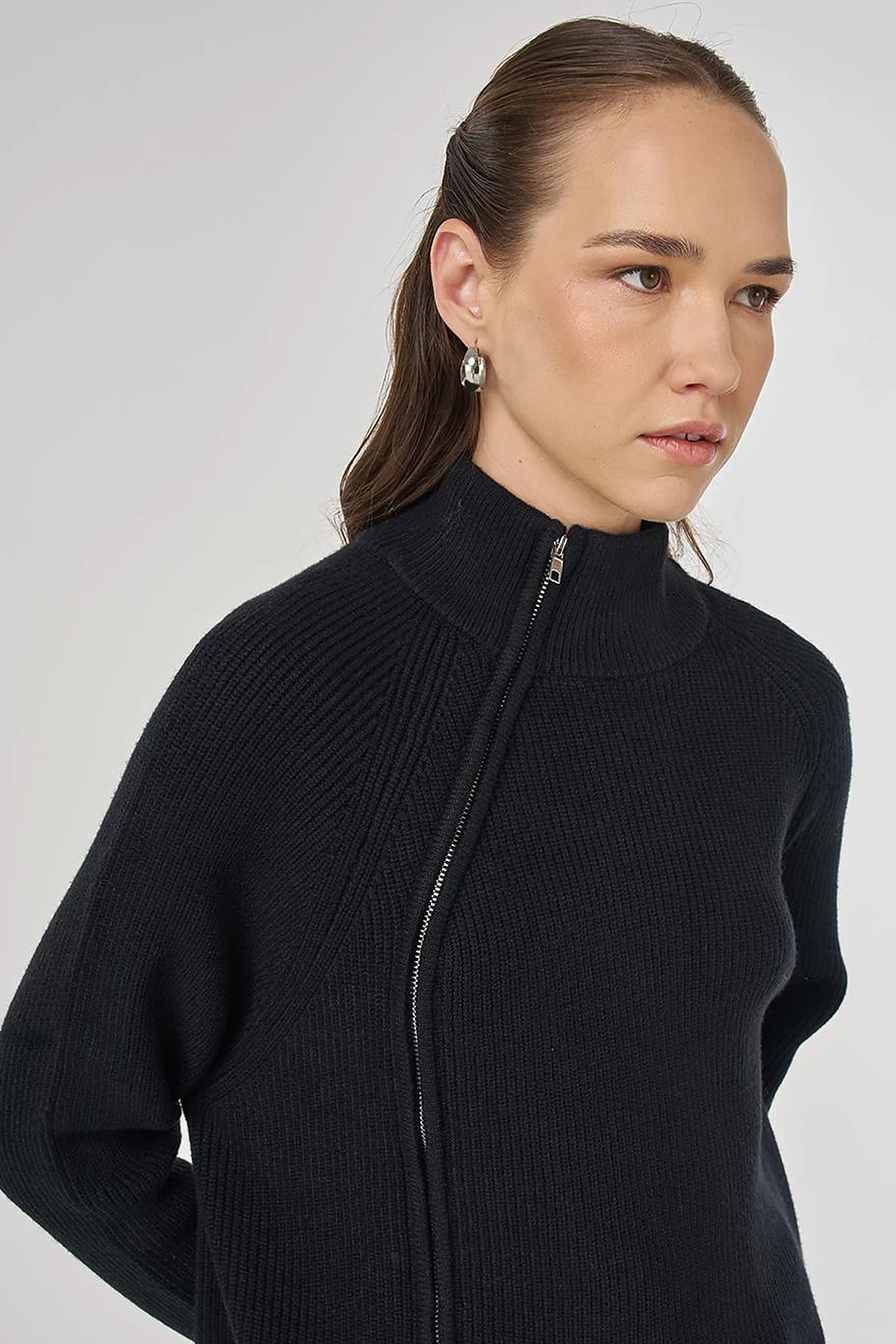 Zipper Detailed Viscose Knit Tunic Black