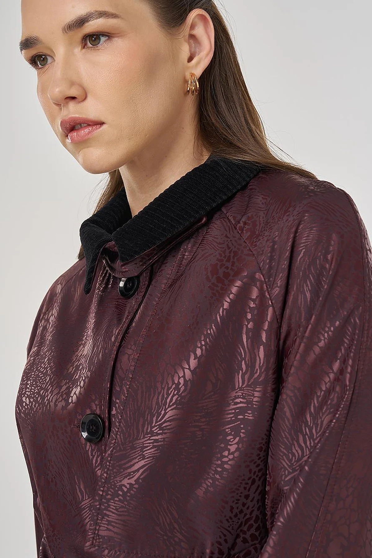 Velvet Collared Long Trench Coat Dark Burgundy