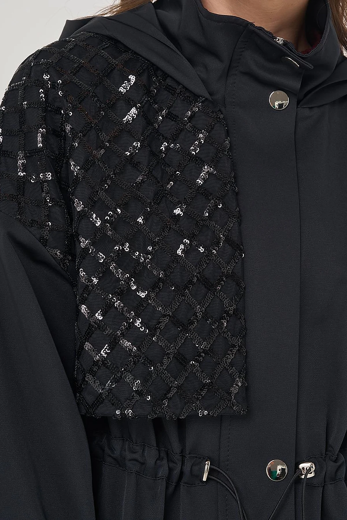 Sequin Detailed Short Trench Coat Black