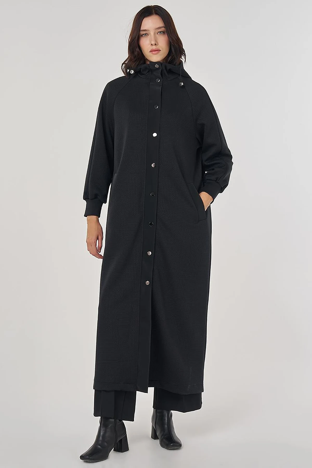 Raglan Sleeve Patterned Overcoat Black