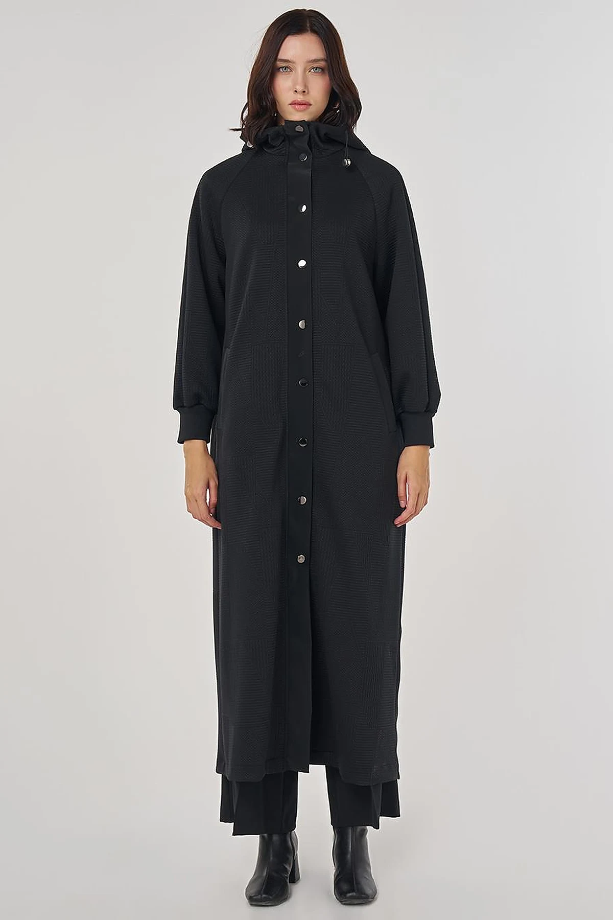 Raglan Sleeve Patterned Overcoat Black