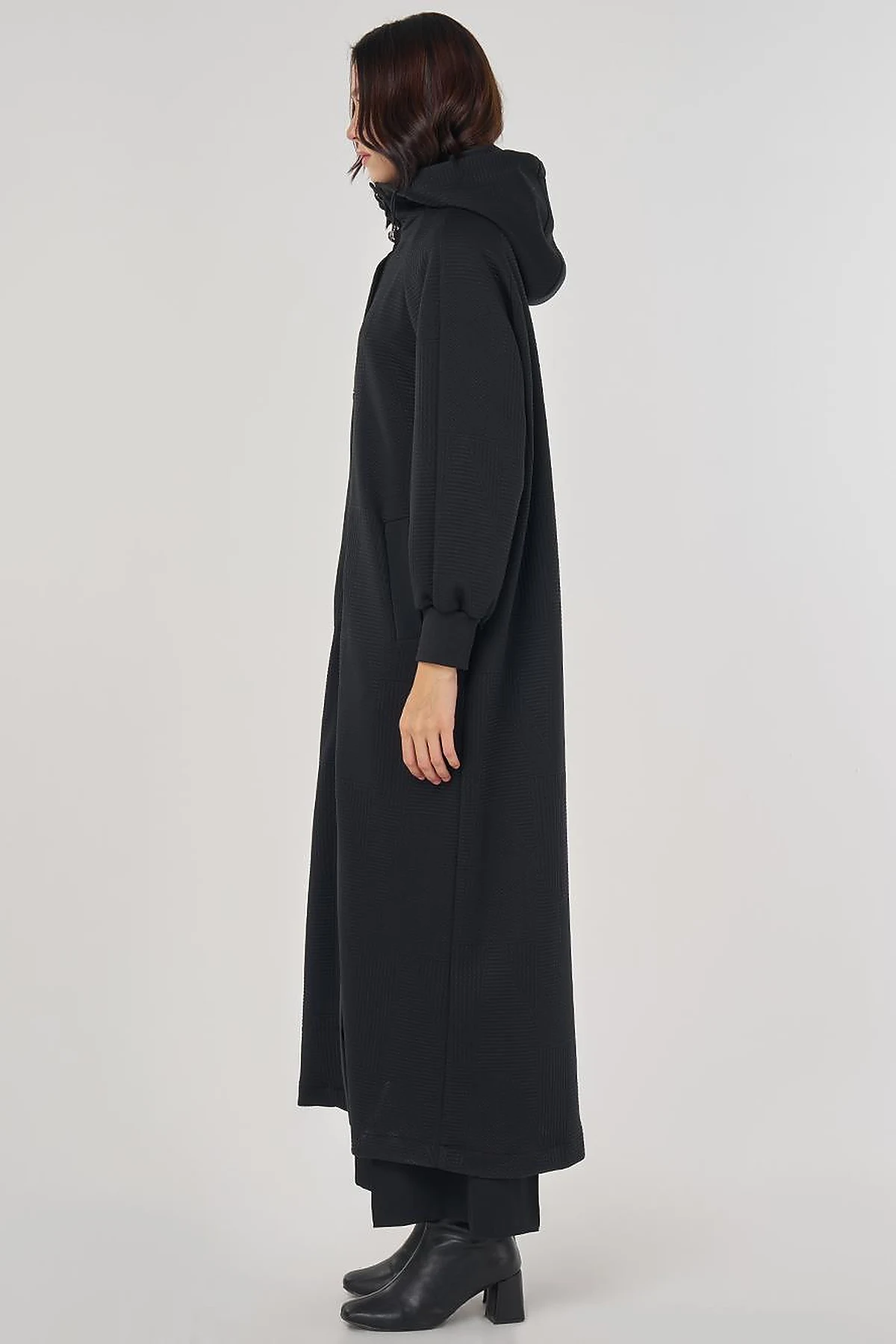 Raglan Sleeve Patterned Overcoat Black