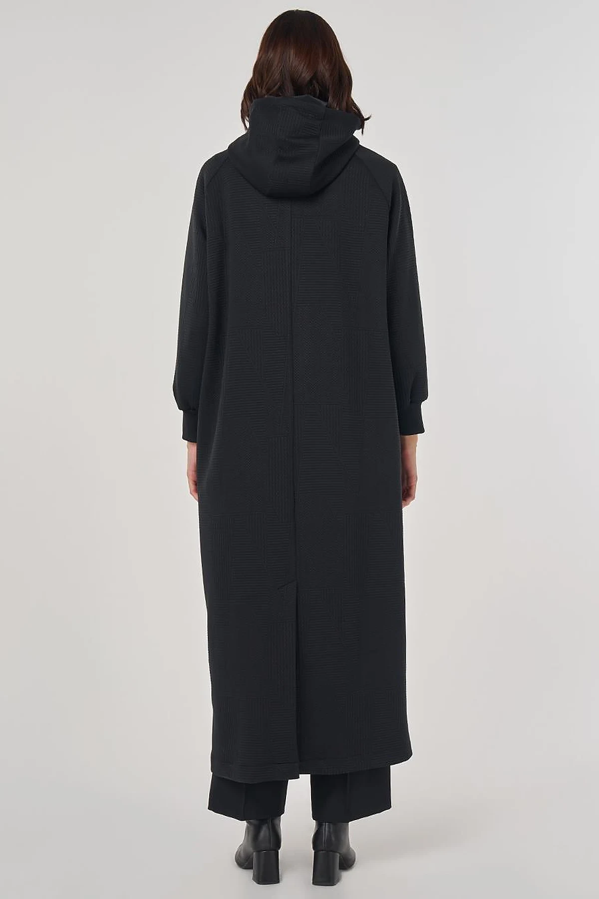 Raglan Sleeve Patterned Overcoat Black