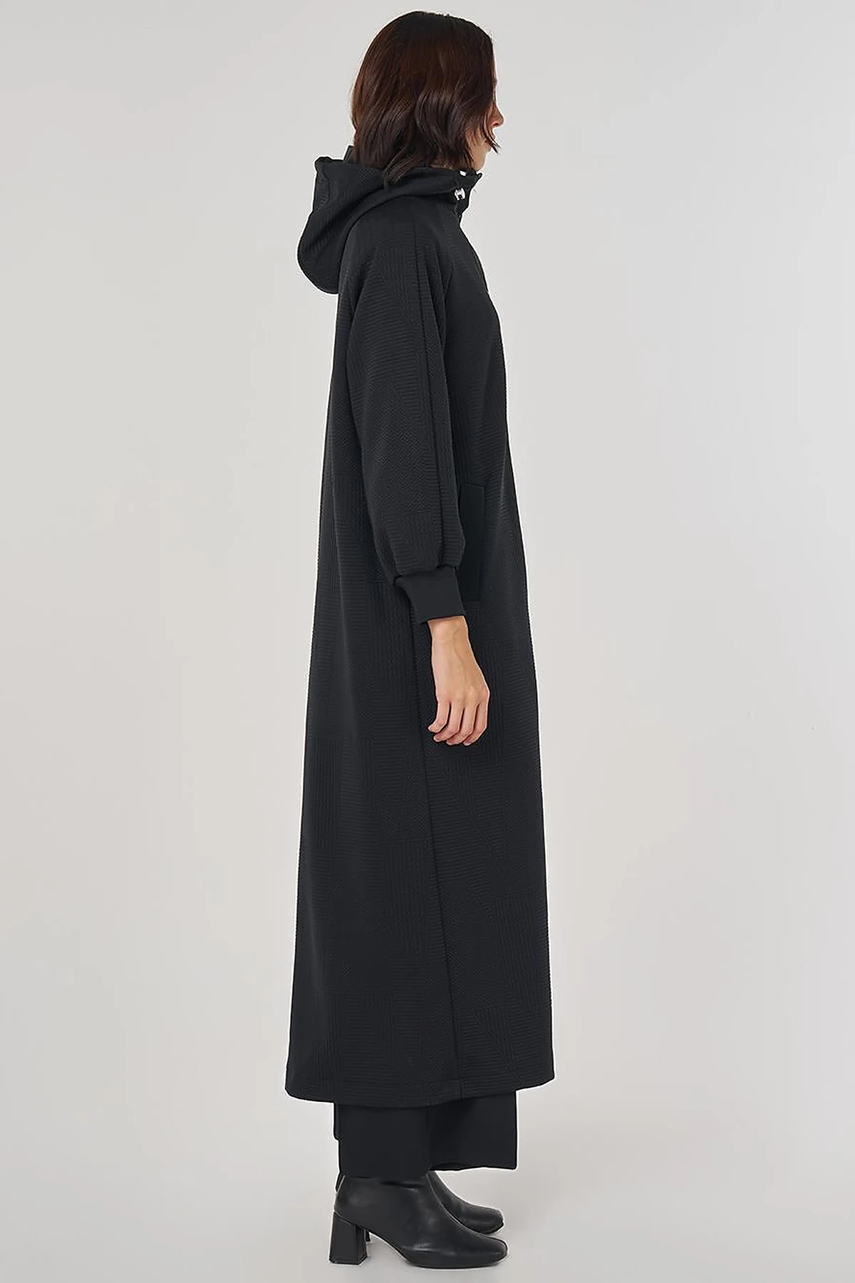 Raglan Sleeve Patterned Overcoat Black