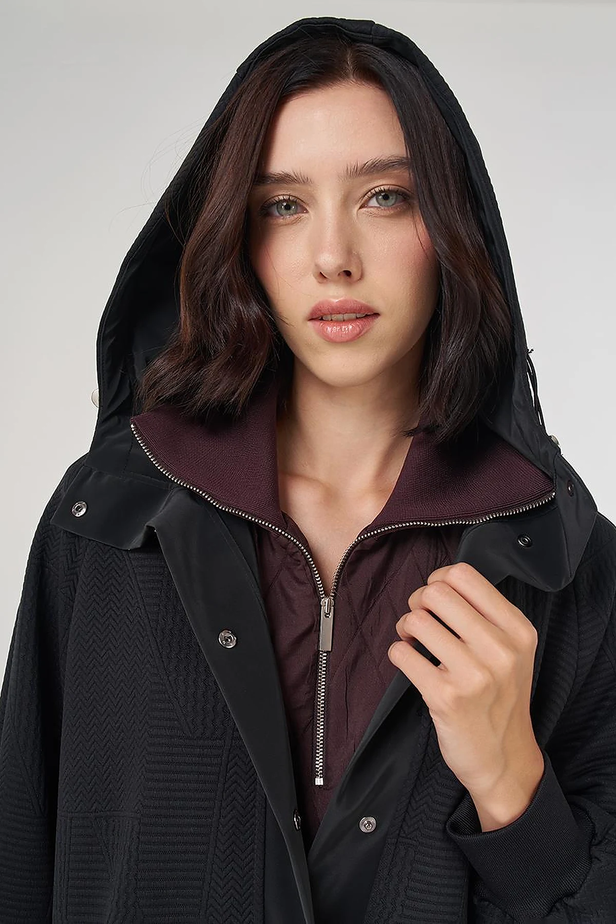 Raglan Sleeve Patterned Overcoat Black